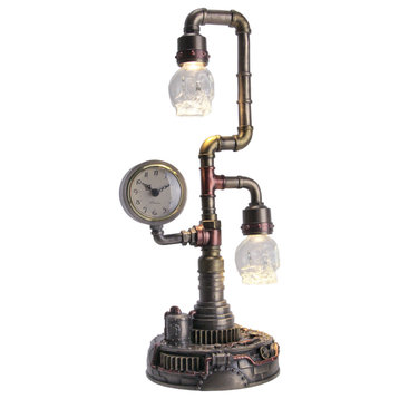 Steampunk Pipework Clock Stand Cordless LED Skull Bulb Copper Accent Desk Light