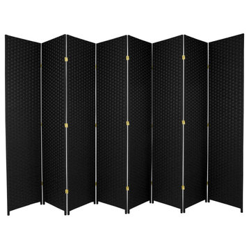 Traditional Room Divider, 3 Double Hinged Woven Natural Fiber Panels, Black