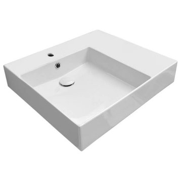 Rectangular Ceramic Wall Mounted or Vessel Sink With Counter Space, One Hole
