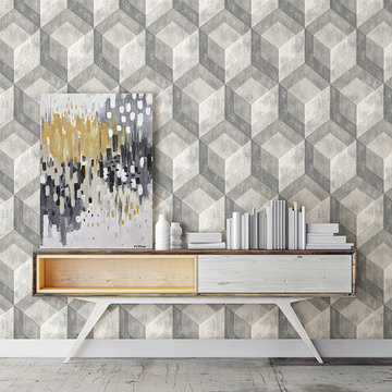 Rustic Wood Tile Ash Geometric Wallpaper