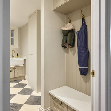 Green Shaker Kitchen, Cream Bar area, Utility and Walk in Wardrobe