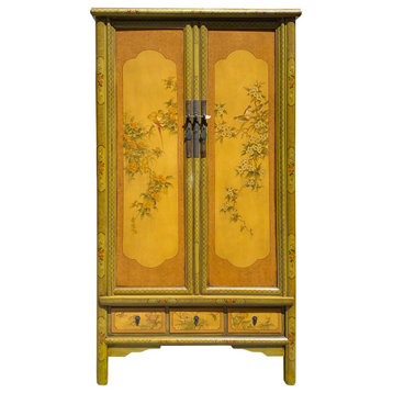 Chinese Olive Green Yellow Flower Graphic Armoire Wardrobe Cabinet Hcs7309