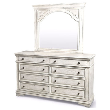 Highland Park Dresser, Distressed Rustic Ivory, With Mirror