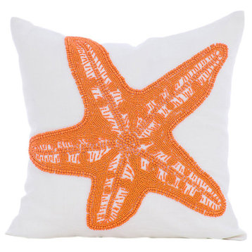 Beaded Orange Starfish 24"x24" Cotton Linen White Shams, Starfish Makeover
