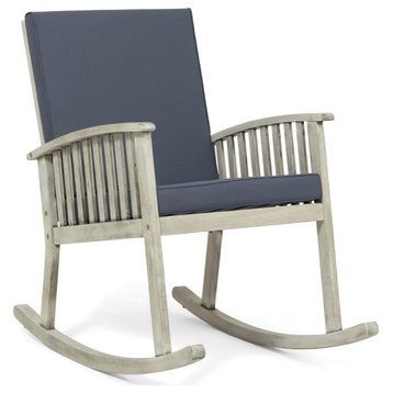 Beulah Outdoor Acacia Wood Rocking Chair, Light Gray Finish, Dark Gray