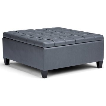 Square Storage Ottoman, PU Leather Upholstery & Tufted Split Top, Stone Grey