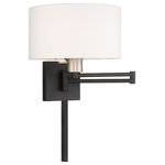 Livex Lighting - Livex Lighting Black 1-Light Swing Arm Wall Lamp - Add this versatile swing arm wall lamp bedside or above a favorite reading chair to enjoy more light where you need it. The black finish with brushed nickel accent is transitional while the off-white fabric shade offers subtle texture.