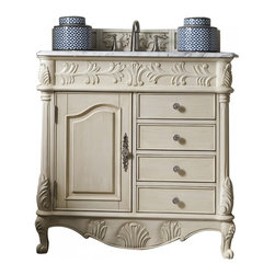 36 inch Antique Single Sink Bathroom Vanity Vintage Vanilla Finish Marble Top - Bathroom Vanities And Sink Consoles