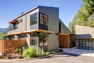 Cette image montre une façade de maison verte minimaliste à un étage.