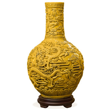 Imperial Porcelain Temple Vase, Yellow Glaze, With Stand