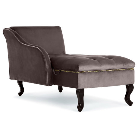 Nailhead Trim Velveteen Button-Tufted Storage Chaise, Brown