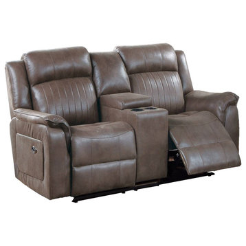 Benzara BM232605 Fabric Manual Loveseat With 2 Cupholders and Console, Brown
