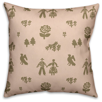 Folk Forest Motif, Pink Outdoor Throw Pillow, 18"x18"