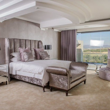 Winter bedroom in Lavender,Hollywood Ottoman,taffeta drapes
