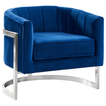 Chiara Accent Chair, Blue Velvet and Brushed Stainless Steel Finish