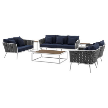Modern Outdoor Lounge Chair, Sofa and Table Set, Fabric Aluminium, White Navy