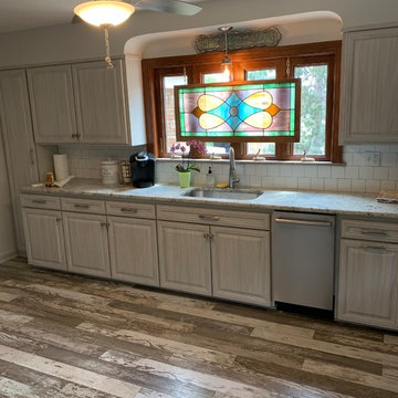 gray cabinet refacing with wood grain