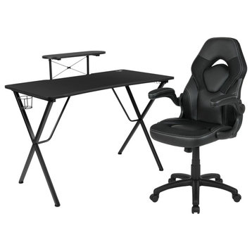 Modern Gaming Desk With Comfortable Chair, Raised Shelf & Cup Holder, Black