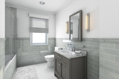 Large minimalist master gray tile and ceramic tile ceramic tile and gray floor bathroom photo in Detroit with flat-panel cabinets, gray cabinets, a one-piece toilet, white walls, a drop-in sink and granite countertops