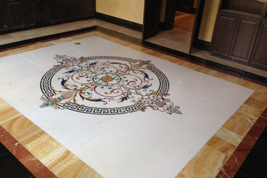 Inspiration for a mediterranean porcelain tile home office remodel in Houston