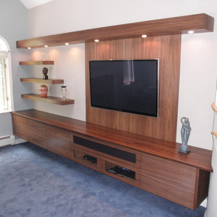 Example of a mid-sized trendy enclosed carpeted home theater design in Boston with white walls and a wall-mounted tv