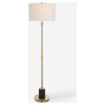 Elegant Sleek Brass Gold Floor Lamp 65 in Black Marble Round White Shade Luxe