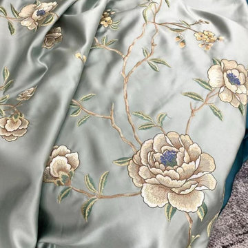 QYHL226F Silver Beach Embroidered Peony Faux Silk Custom Made Curtains For Livin