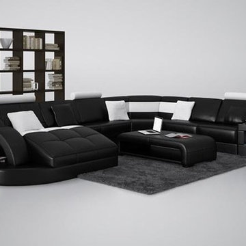 Black and White Bonded Leather Sectional Sofa with Chaise