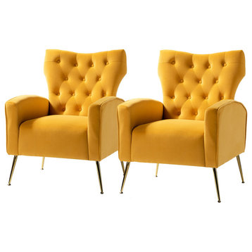 Upholstery Velvet Accent Chair With Button Tufted Back Set of 2, Mustard