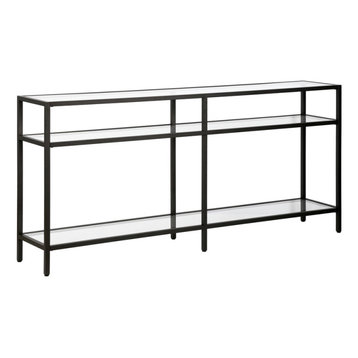 Henn&Hart 64" 3-Shelf Metal Black and Bronze Console Table with Glass Shelves