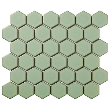 11.06"x12.8" Porcelain Mosaic Tile Sheet Barcelona Retro Edge Glossy Green