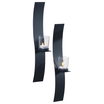 2x15" Set of 2 Sleek Candle Wall Sconce Holder With Glass Black Metal
