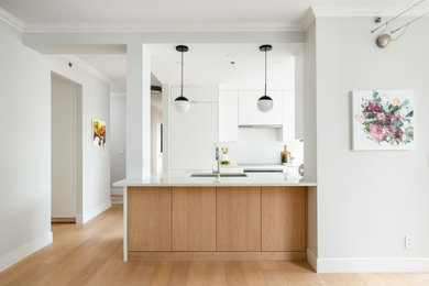 Enclosed kitchen - mid-sized contemporary galley medium tone wood floor enclosed kitchen idea in Vancouver with an undermount sink, flat-panel cabinets, white cabinets, quartz countertops, white backsplash, porcelain backsplash, paneled appliances, a peninsula and white countertops