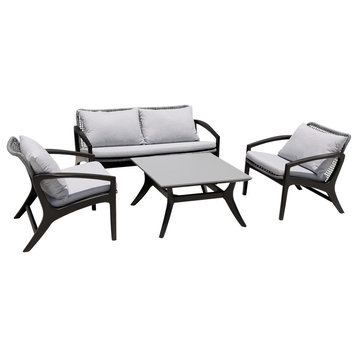 Brighton 4 Piece Patio Seating Set, Dark Wood With Grey Rope and Cushions