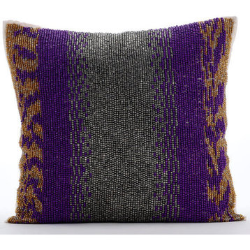 Beaded Purple Art Silk 12"x12" Throw Pillow Cover, Metal Berry