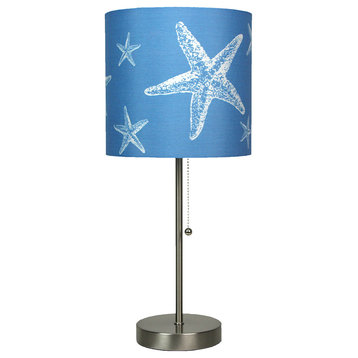 Brushed Nickel Finish Table Lamp With Coastal Blue Starfish Shade