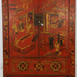 Red Lacquered Chinese Cabinet with Gold Painting - Products
