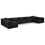 Meridian Furniture - Cube Upholstered Modular Sectional, Black, 7-Piece: 5 Armless Chair, 2 Corner Chair, Vegan Leather - Elevate your space with the luxurious Cube Vegan Leather Modular Sectional. This modular sectional exudes modern elegance, charm, and comfort making it a perfect addition to any contemporary living space. Its clean lines and cube shape are reminiscent of minimalist design, while the plush black vegan leather upholstery adds a touch of luxury and sophistication. The chair's versatile construction and geometric aesthetic seamlessly integrate into various design styles, from sleek living rooms to chic home offices, embodying the essence of modern design and creating a sense of order and tranquility in your space.