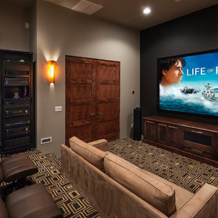 Design ideas for a traditional home cinema in Phoenix with a projector screen and multi-coloured floors.