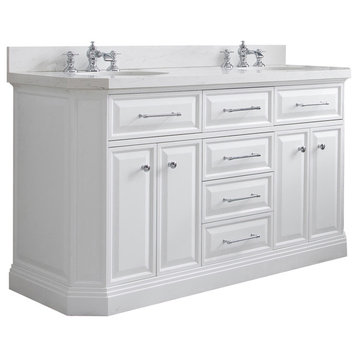60" Palace Quartz Carrara Pure White Vanity With Hardware, Faucets in Chrome