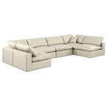 Meridian Furniture - Comfy Upholstered U-Shaped Modular Sectional, Cream, 6-Piece: 4 Armless Chair, 2 Corner Chair, Vegan Leather - Give your space a whole new look with this cream Comfy vegan leather sectional. This handsome sectional fits nicely with other items in the Comfy collection and is a versatile seating option designed for adaptability, comfort and style. Wrapped in rich cream durable vegan leathered upholstery, this sectional offers a plush embrace of overstuffed down feather cushions, carefully crafted to deliver the highest level of comfort. The perfect seat for creating an oasis for relaxation, this sectional has thick foam surrounding its frame for added support and coziness.