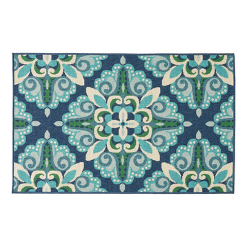GDF Studio Sage Outdoor Floral  Area Rug, Blue and Green, 3'3"x5'