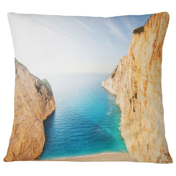 Blue Sea in Between Big Rocks Seashore Throw Pillow, 16"x16"