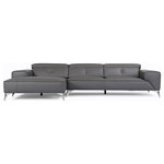 Zuri Furniture - Raj Grey Reclining Leather Sectional, Left Chaise - This sectional will rule your living space. With its soft genuine top grain leather upholstery with real split leather back and sides and show-stopping tapered metal legs, the odds will definitely be in your favor. The Raj�s tailored details give it a clean smooth look. The manual ratcheting adjustable headrests are an added bonus for maximum comfort. Without a doubt, this sectional will be a perfect place for relaxing or entertaining. Also available in black, white, and orange.