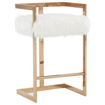 Modrest Halifax -Modern White Faux Fur and Rosegold Counter Stool
