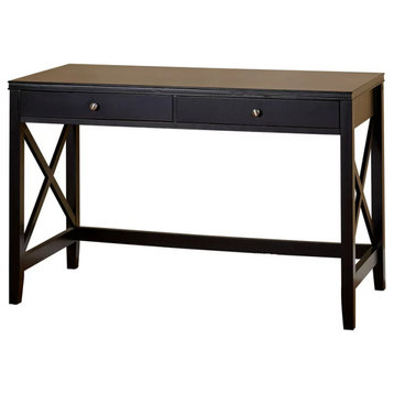 Transitional Desk, Pinewood Legs With Rectangular Top & Storage Drawers, Black