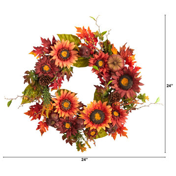 Nearly Natural 24" Sunflower Pumpkin & Berries Fall Artificial Wreath