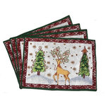 Tache Home fashion - Winter Forest Reindeer Vintage Woven Tapestry Christmas Placemats - Liven up your dining tables and kitchen space with these bright and festive linens to fill your home with the holiday spirit. This placemat features a golden reindeer in between pine trees surrounded by crisp white snow with colorful snowflakes in the background and a red and green border. The back of the placemat is a solid red to complement the front.