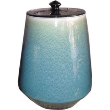 Lidded Jar Vase Tall Aqua Green Varying Polished Nickel Porcelain