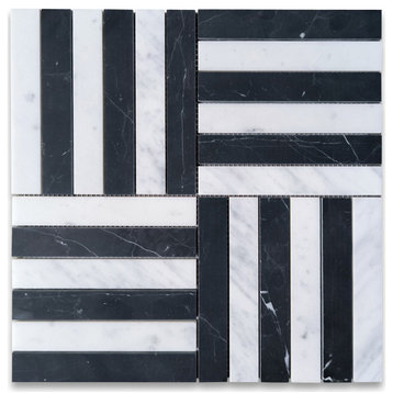 Carrara White Nero Marquina Black Marble Geometric Skyline Mosaic Tile, 1 sheet
